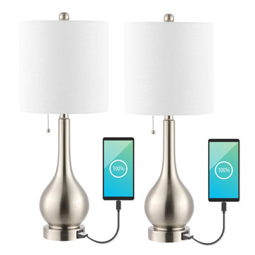 Tyler 24" Modern Classic Gourd Iron LED Table Lamp with Pull-Chain with Dual USB Charging Port - JONATHAN Y